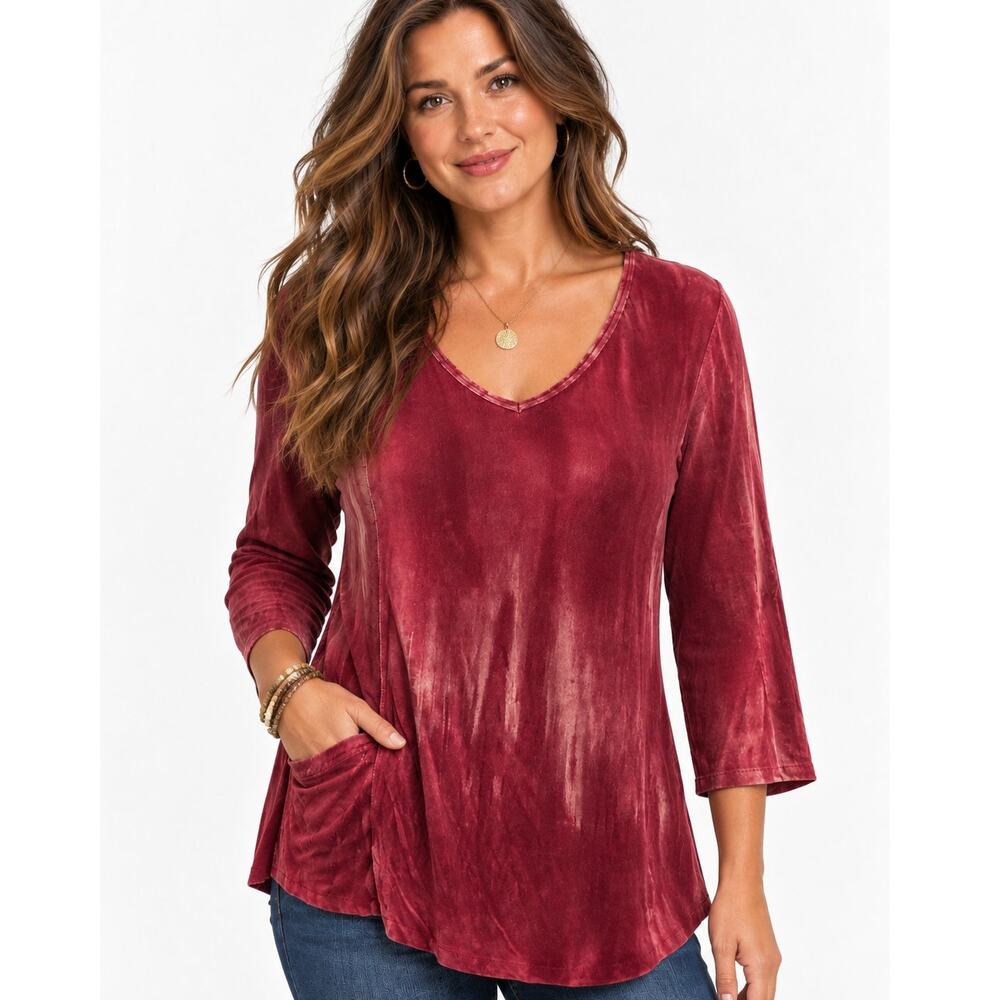 Parsley & Sage Artsy Lagenlook Knit Top Womens Small Berry Pocket V-Neck Tunic